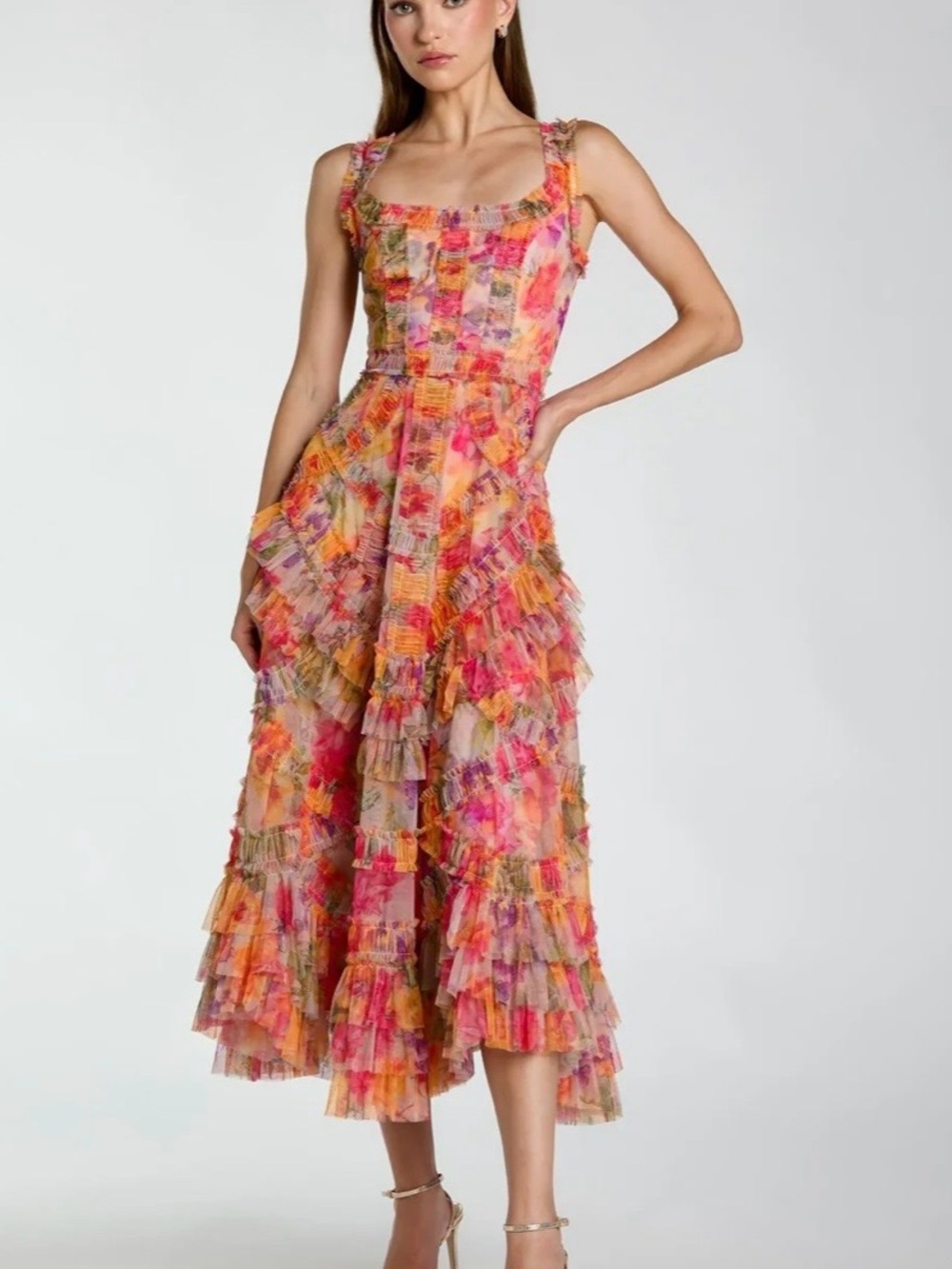 Mac Duggal Floral Ruffle Midi Dress in Pink & Orange